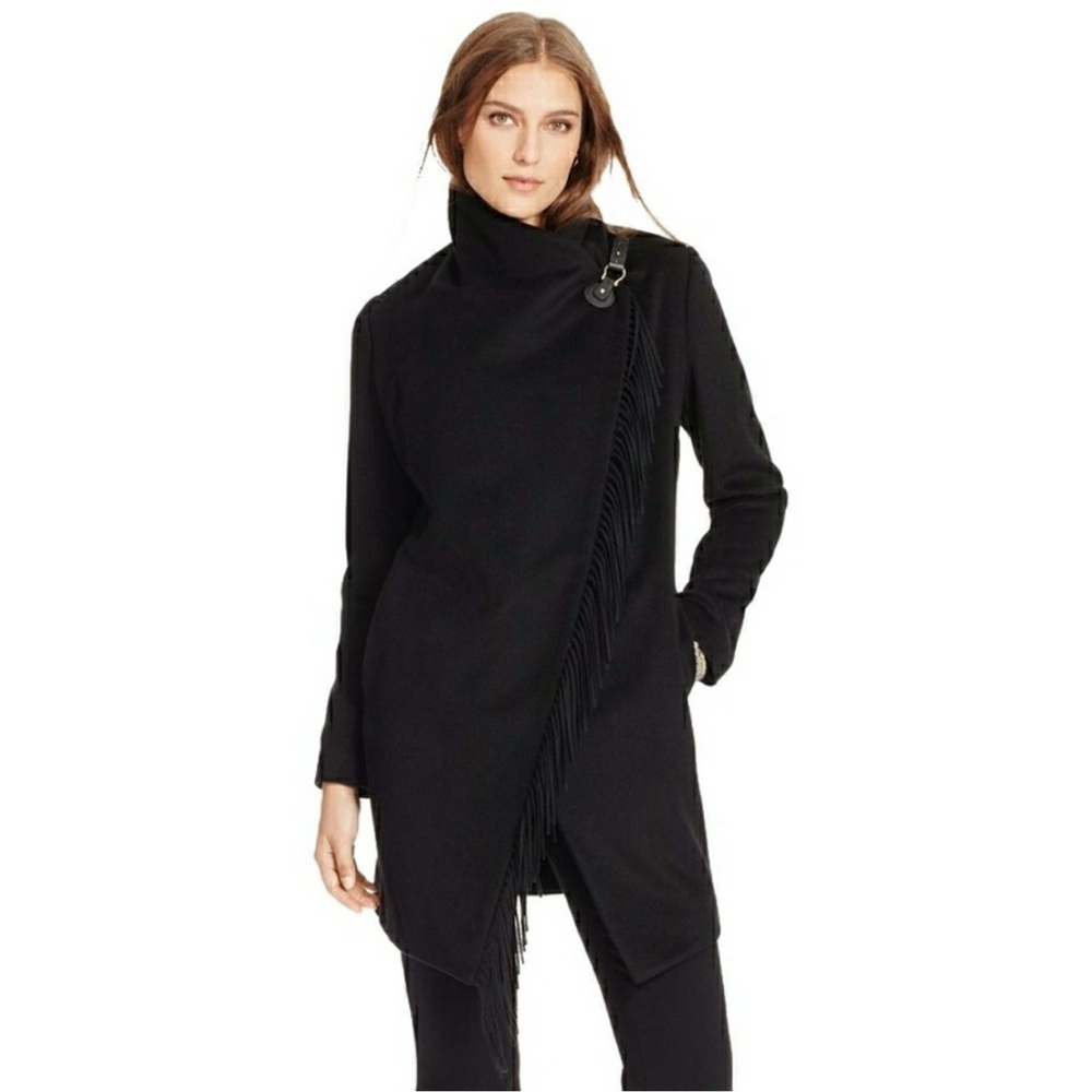 New! Ralph Lauren Fringe Buckle Wrap Black Coat Plus Size 14 - Picture 3 of 14